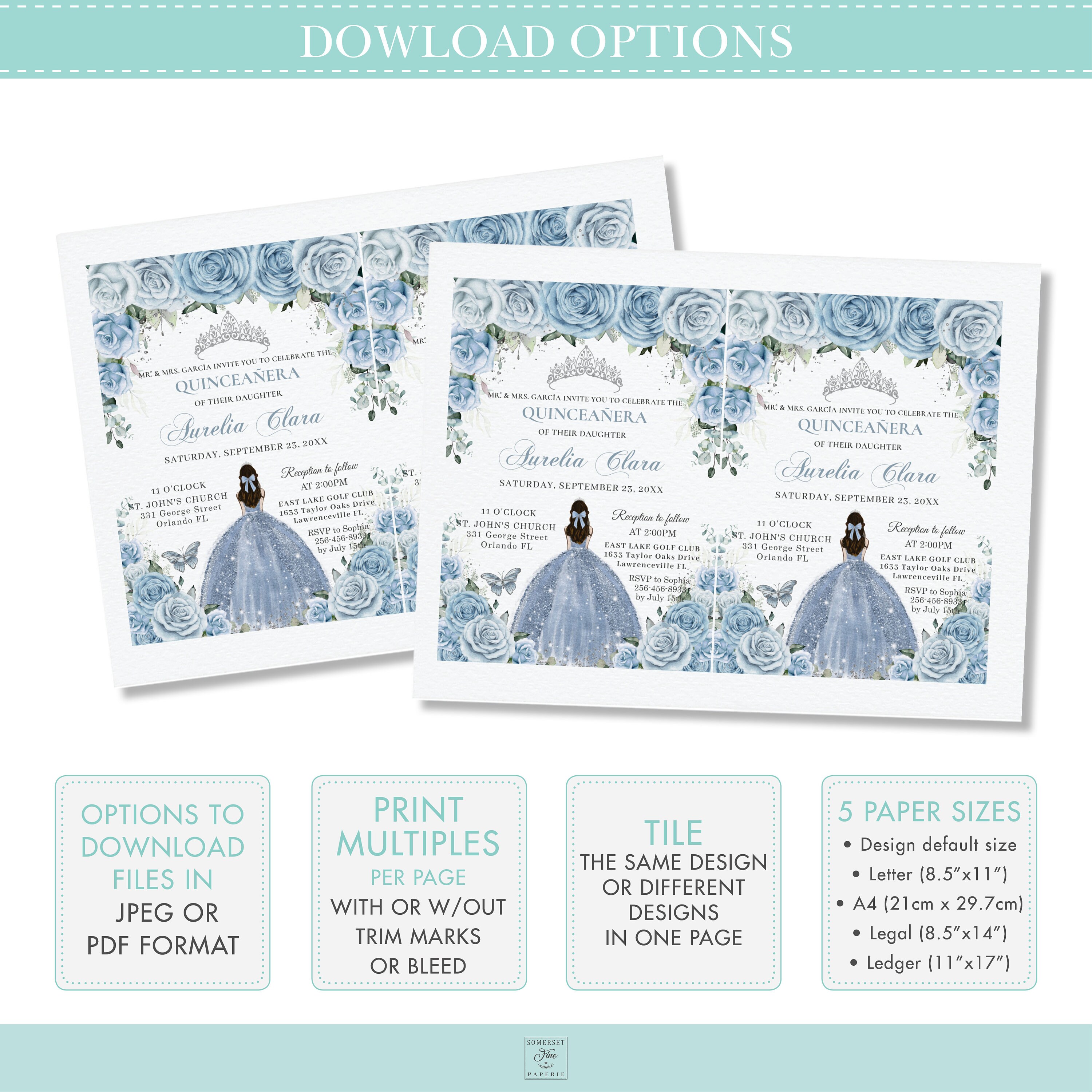 Baby Blue Floral Silver Quinceañera RSVP Card QR Code