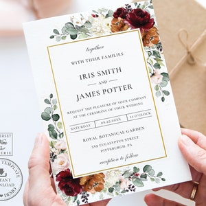EDITABLE TEMPLATE Floral Wedding Invitation, Rustic Burgundy Rust Burnt Orange Blush Pink Ivory Roses Bridal Printable, INSTANT Download RB3