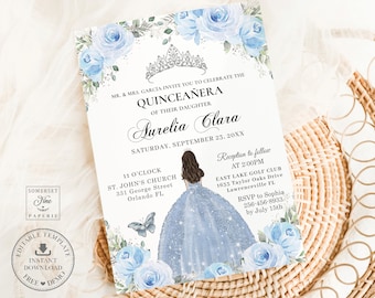 EDITABLE Baby Light Blue Floral Flowers Quinceañera Invitation Silver Crown Sweet 16 Mis Quince 15 Anos Birthday Download Printable QC64