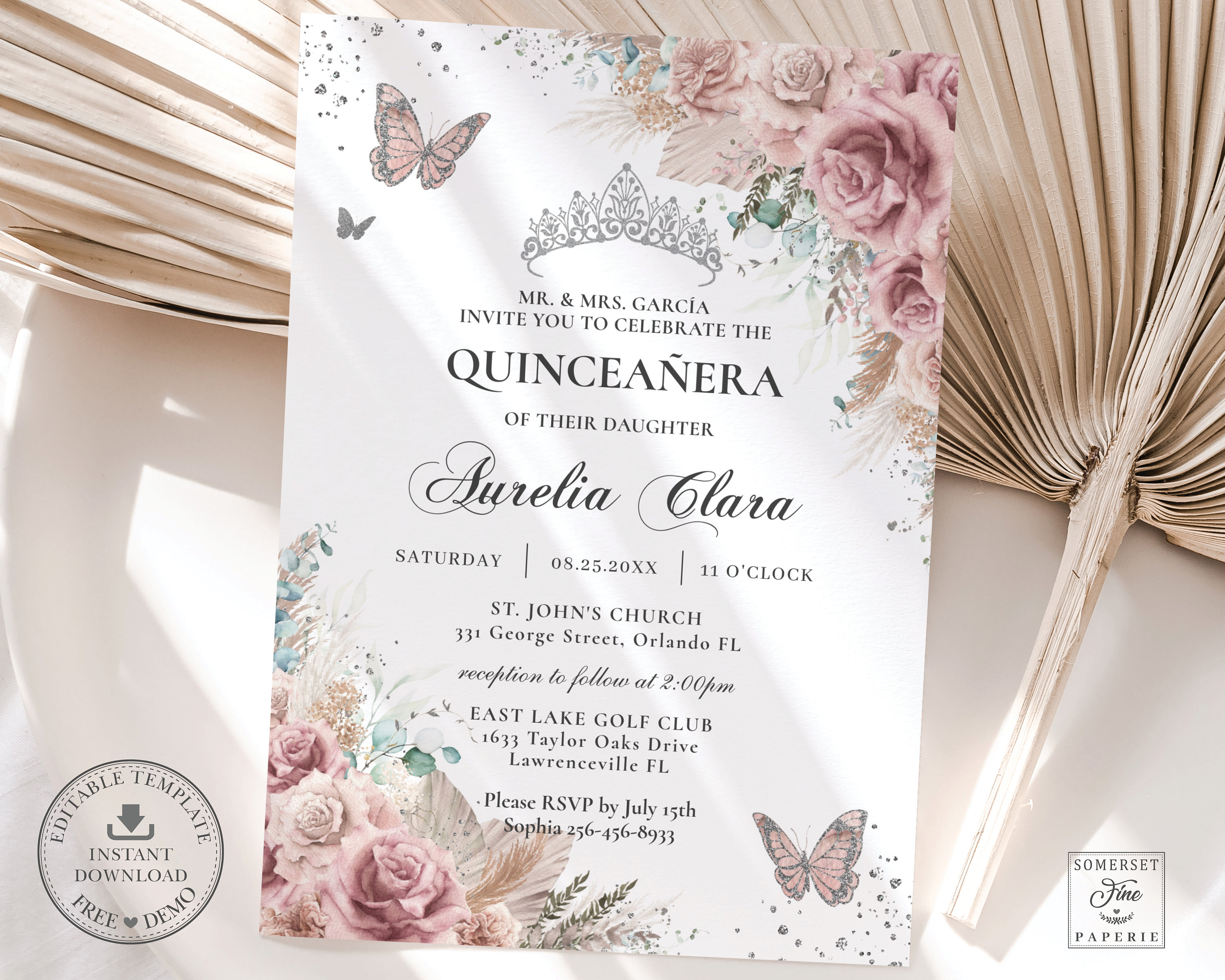 Blush Beige Floral Pampas Grass Quinceañera Invitation Printable  