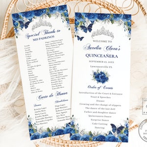 EDITABLE Slim Royal Blue Floral Silver Quinceanera Program Quince Birthday Printable Order of Events Padrinos Corte de Honor Download QC16