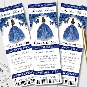 Royal Blue Floral Princess Silver Quinceañera VIP Ticket Invitation EDITABLE Template Mis Quince 15 XV 16 Birthday Download Printable QC16