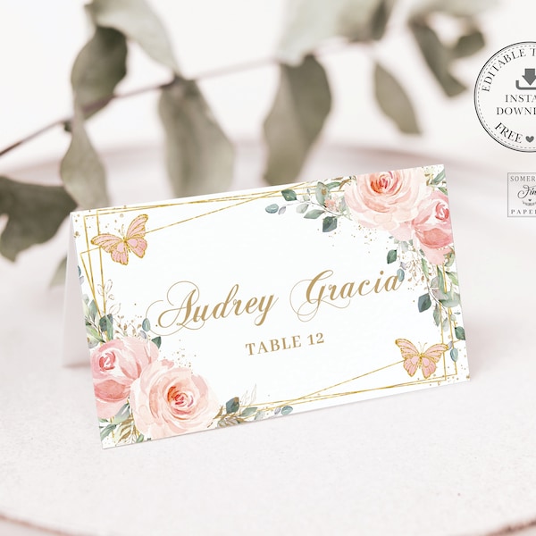 Blush Floral Butterflies Princess Place Cards Printable EDITABLE TEMPLATE, Guest Name Quinceañera Sweet 16 Birthday, INSTANT Download, QC7