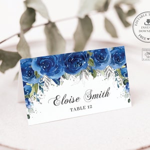 Royal Blue Floral Tischkarten druckbare EDITIERBARE VORLAGE Zelt Gast Name Quinceañora Sweet 16 Geburtstag Silber Prinzessin Krone Download QC16