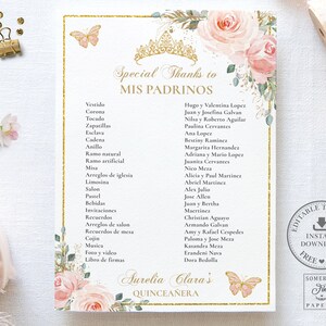 Blush Pink Floral Butterfly Quinceañera Padrinos List Printable ...