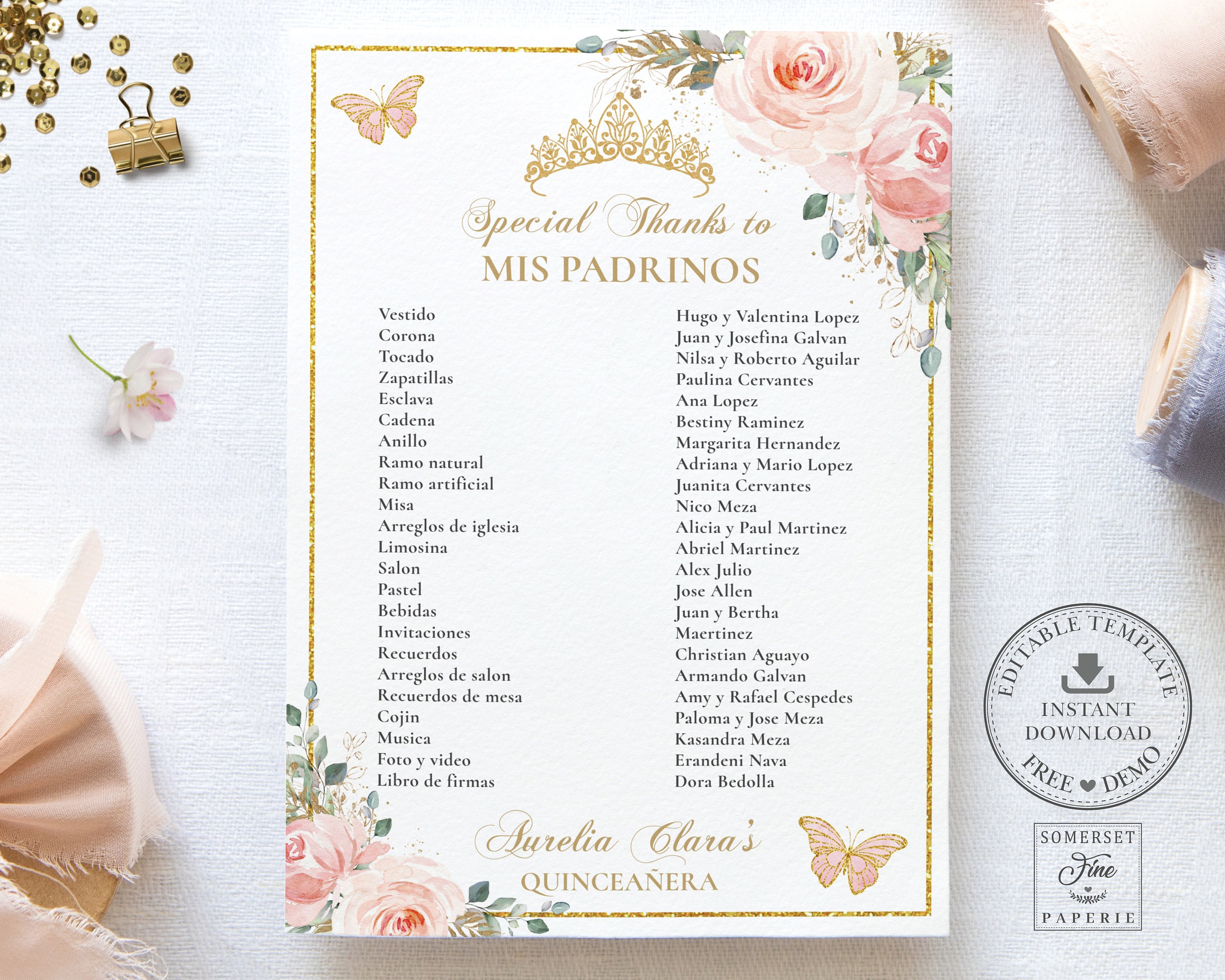 Blush Pink Floral Butterfly Quinceañera Padrinos List - Etsy