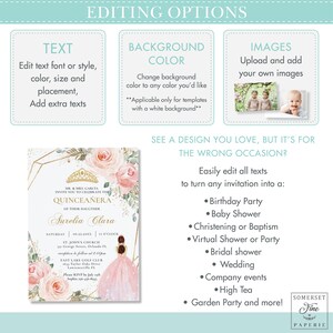May include: A pink and gold Quincea&ntilde;era invitation with a floral design and a photo of a young woman in a pink dress. The invitation includes the text "MR & MRS GARCIA INVITE YOU TO CELEBRATE THE QUINCEA&Ntilde;ERA OF THEIR DAUGHTER Aurelia Clara".