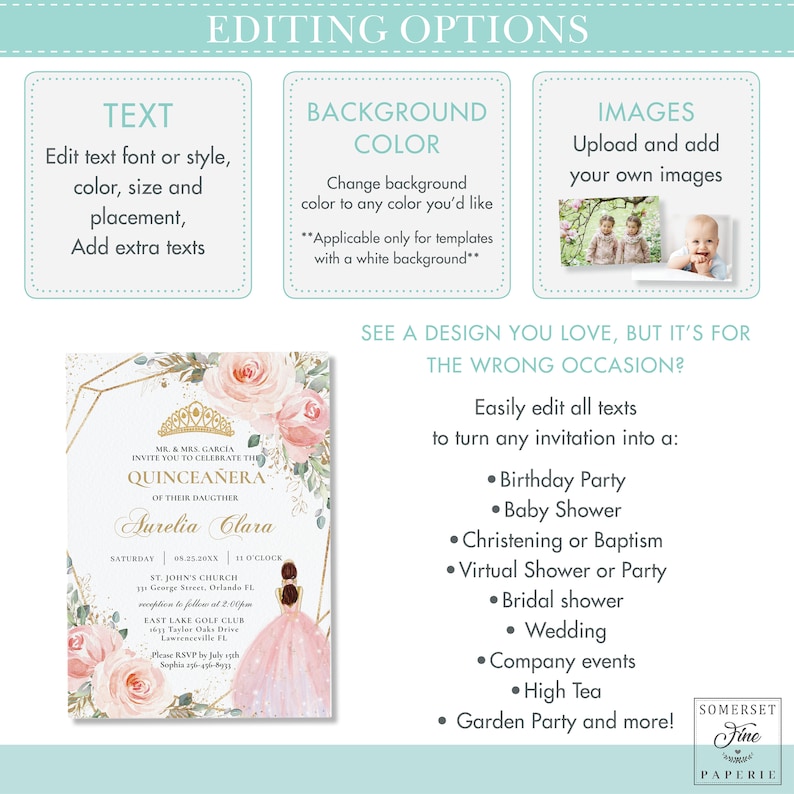 May include: A pink and gold Quincea&ntilde;era invitation with a floral design and a photo of a young woman in a pink dress. The invitation includes the text "MR & MRS GARCIA INVITE YOU TO CELEBRATE THE QUINCEA&Ntilde;ERA OF THEIR DAUGHTER Aurelia Clara".