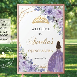 Lilac Purple Lavender Floral Quinceañera Welcome Sign EDITABLE Template Tiara Quince 15 XV Sweet 16 Birthday INSTANT Download Printable, QC3