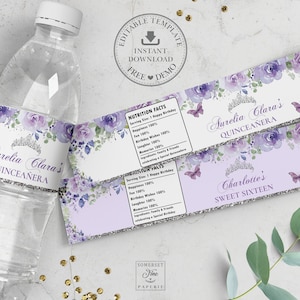Purple Lilac Floral Silver Butterflies Quinceanera Water Bottle Label, EDITABLE TEMPLATE, 15th 16th Birthday Wrapper Sticker Download QC3