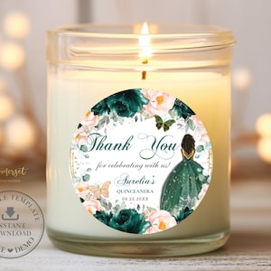 EDITABLE 2&quot; Circle Round Favor Label Emerald Blush Floral Gold Brown Princess Quinceaneara 15th Birthday Sweet 16 Download Printable QC20