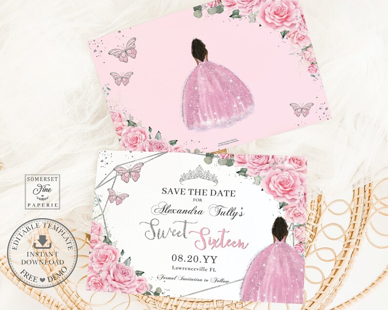 Sweet 16 Pink Roses EDITABLE Pink Roses Floral Flowers Silver Sweet 16 Save the Date Card ...
