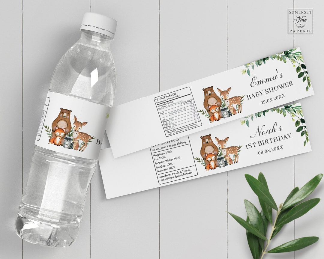 Woodland Water Bottle Label, EDITABLE TEMPLATE, Rustic Greenery Forest ...