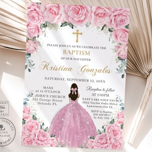 Rosa Blumen Gold Taufe Taufe Einladung druckbare EDITIERBARE VORLAGE, Mädchen Kleid Erstkommunion einladen, SOFORTIGER Download QC24