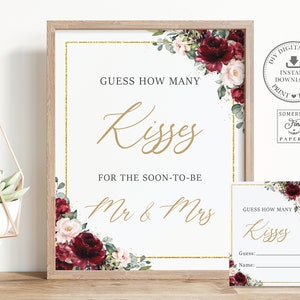 Indovina quanti baci per presto sarà Mr and Mrs Game Sign Card, DOWNLOAD ISTANTANEO, Borgogna Blush Floral Bridal Shower Game Activity File RB1