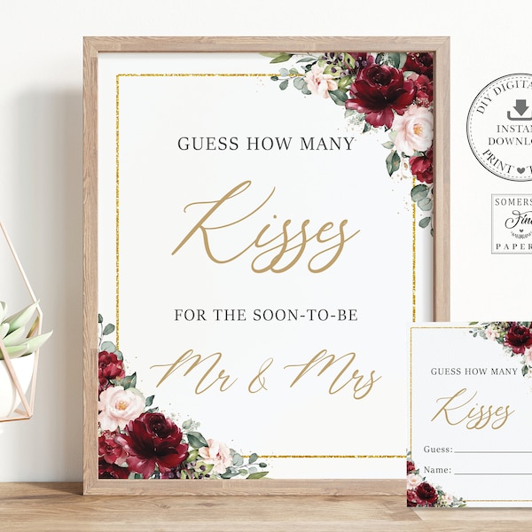 Guess How Many Kisses for Soon To Be Mr and Mrs Game Sign Card, INSTANT DOWNLOAD, Burgundy Blush Floral Bridal Shower Game Activity File RB1