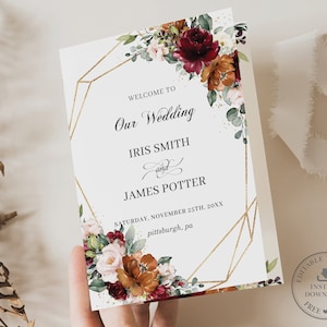 EDITABLE Burgundy Rust Orange Blush Ivory Floral Bi-Fold 5x7 Geometric Wedding Program Ceremony Order of Events Party Printable Download RB3
