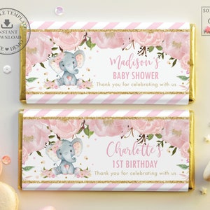 Elephant Chocolate Bar Wrapper, EDITABLE TEMPLATE, Pink Blush Floral Baby Shower Birthday Aldi Hershey&#39;s Candy Label Printable, INSTANT, EP5