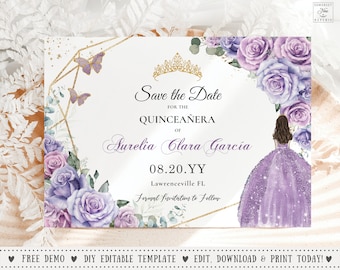 May include: A quinceañera invitation card with a white background, gold geometric accents, and purple floral arrangements. The text "Save the Date" is displayed, along with the name "Aurelia Clara Garcia" and the date "08.20.YY". A drawing of a girl in a purple dress is also featured.
