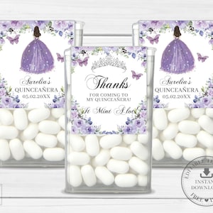 Purple Lilac Floral Silver Princess Tic Tac Labels Printable EDITABLE TEMPLATE 15 Quinceañera Sweet 16th Birthday Mints Sticker Favors QC3