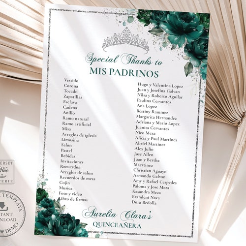 Emerald Green Floral Quinceañera Mis Padrinos List Printable - Etsy