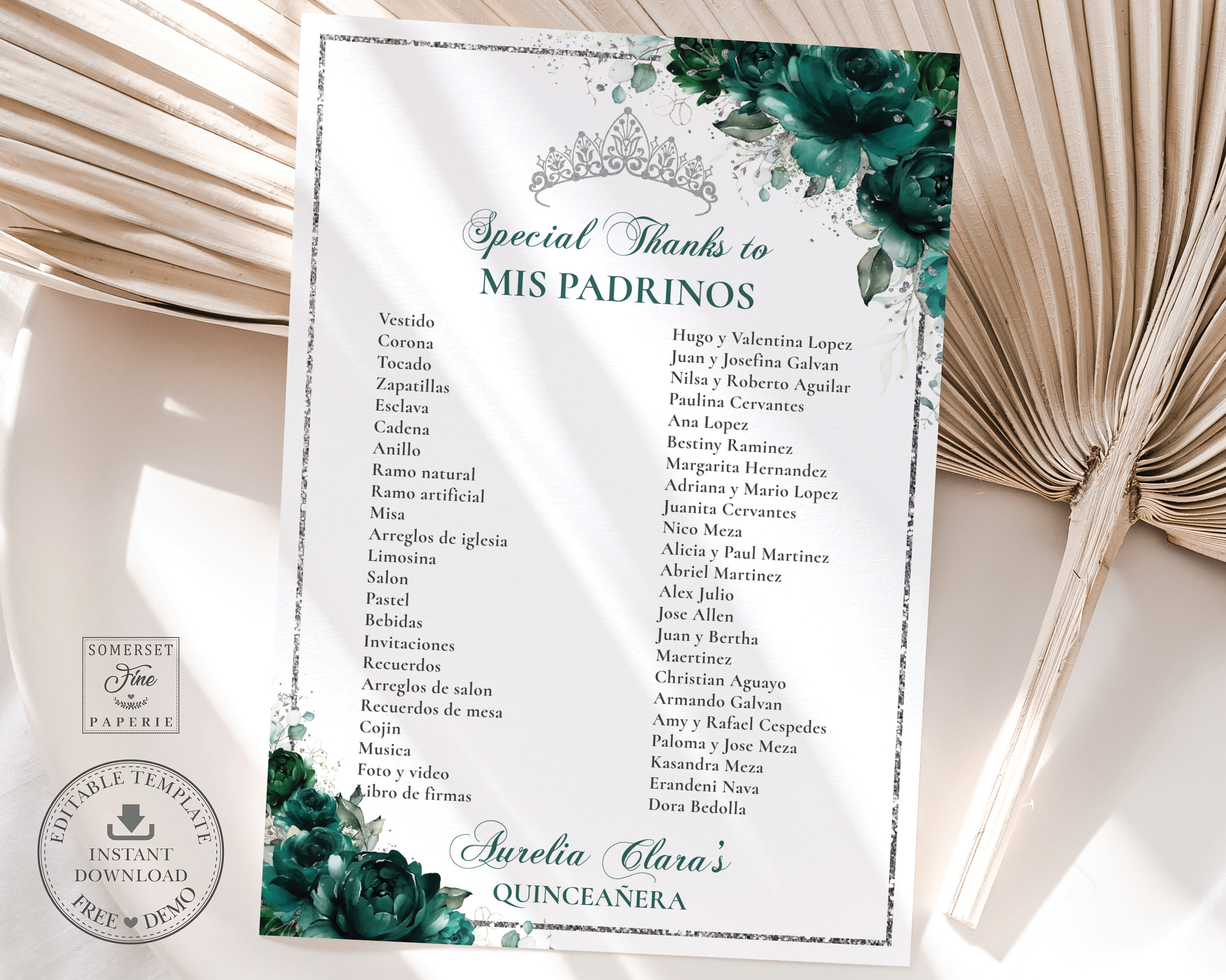 Emerald Green Floral Silver Quinceañera Mis Padrinos List Etsy Australia