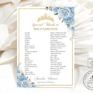 Baby Blue Floral Gold Quinceañera Mis Padrinos List Printable EDITABLE ...