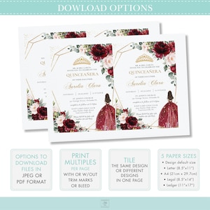 Pode incluir: Um modelo de convite para Quincea&ntilde;era com um design bord&ocirc; e dourado. O convite apresenta uma borda floral com uma moldura geom&eacute;trica dourada. O texto diz "Mr. & Mrs. Garcia convidam voc&ecirc; a celebrar a Quincea&ntilde;era de sua filha Surelia Clara".