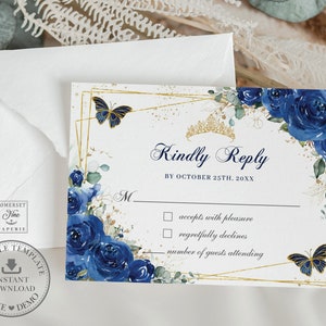 Koningsblauwe bloemenvlinders Quinceañera RSVP-kaart afdrukbare BEWERKBARE SJABLOON, Mis Quince 15 Anos Diy 16e verjaardag, Instant Download QC16