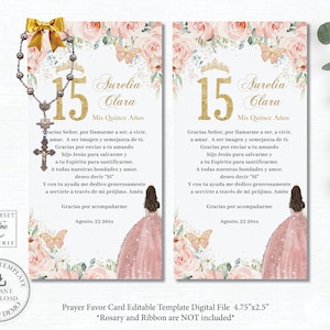 Prayer Card Rosary Favor Blush Pink Floral Roses EDITABLE TEMPLATE Quinceañera Quince 15 Birthday Gold Crown Printable File Download QC7