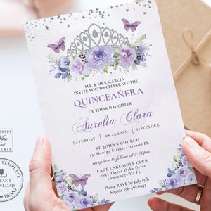 Purple Lilac Floral Quinceañera Invitation INSTANT DOWNLOAD Silver Tiara Crown Mis Quince 15 Anos Birthday Editable Template Printable QC3