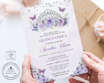 Purple Lilac Floral Quinceañera Invitation INSTANT DOWNLOAD Silver Tiara Crown Mis Quince 15 Anos Birthday Editable Template Printable QC3