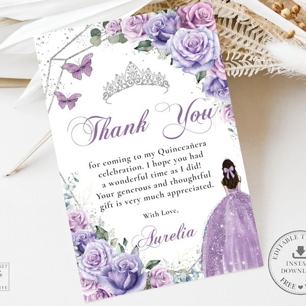 Purple Lavender Lilac Floral Princess Silver Quinceañera Thank You Card EDITABLE TEMPLATE Quince 15 16th Birthday Download Printable QC37