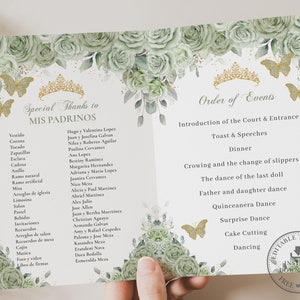 May include: A printable Quinceañera order of events card with a green and gold floral design. The card lists the order of events for a Quinceañera celebration, including the introduction of the court, toasts, dinner, the change of slippers, dances, and cake cutting. The card also includes a section for special thanks to the godparents.