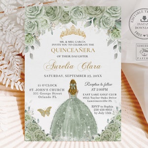 Sage Green Floral Gold Blonde Princess Quinceañera Invitation EDITABLE TEMPLATE Quince 15 Sweet 16 Birthday Invite Printable Download QC43