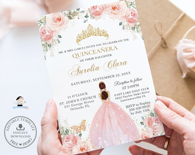 May include: A pink and gold Quincea&ntilde;era invitation with a floral design and a silhouette of a girl in a pink dress. The invitation includes the text "MR. & MRS. GARC&Iacute;A INVITE YOU TO CELEBRATE THE QUINCEA&Ntilde;ERA OF THEIR DAUGHTER Aurelia Clara SATURDAY, SEPTEMBER 23. 20XX 11 O'CLOCK ST. JOHN'S CHURCH 331 George Street Orlando FL Reception to follow AT 2:00PM EAST LAKE GOLF CLUB 1653 Taylor Oaks Drive Lawrenceville FL RSVP to Sophia. 256-456-8933 by July 15th"