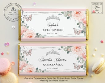 Blush Pink Floral Butterflies Chocolate Bar Wrapper, EDITABLE TEMPLATE, Quinceanera 16th Birthday Aldi Hershey's Candy Labels Printable QC7