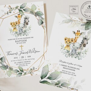 Jungle Animals Rustic Greenery Baptism Christening Invitation Printable EDITABLE TEMPLATE Lion Elephant Giraffe Invite INSTANT Download GR1