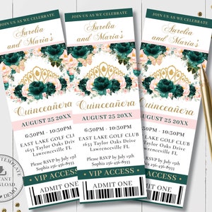 Emerald Blush Floral Gold Crown Butterfly Quinceañera VIP Ticket Invitation EDITABLE TEMPLATE Twins Quince Birthday Instant Printable QC20