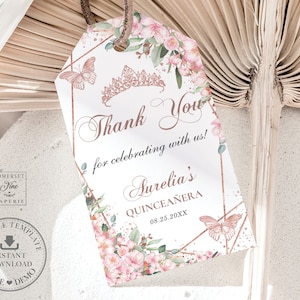 EDITABLE TEMPLATE Favor Tags, Chic Cherry Blossoms Pink Floral, Quinceaneara 15th Birthday Sweet 16 Rose Gold Tiara Printable Download QC46