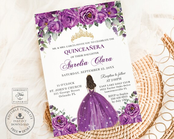 Buy EDITABLE Dark Magenta Purple Floral Princess Gown Dress Quinceaera  Invitation Gold Mis Quince 15 16th Birthday Invites Printable File QC61  Online in India - Etsy