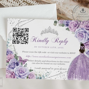 May include: Purple and silver Quinceañera RSVP card with a floral design, a QR code, and the text "Kindly Reply by October 25th, 20XX".
