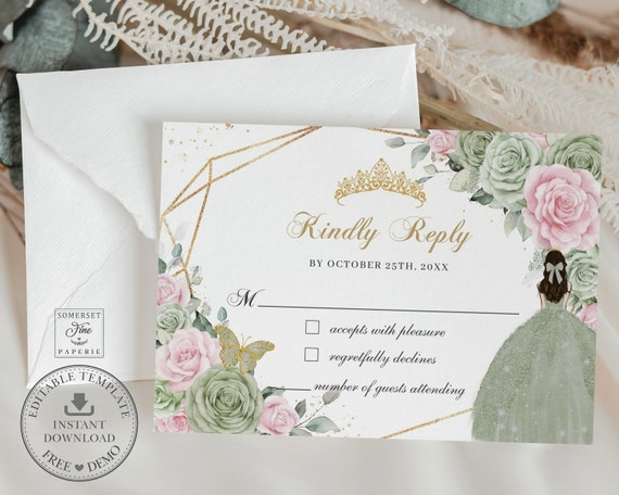 Sage Green Pink Floral Gold Quinceañera RSVP Card Printable EDITABLE TEMPLATE, Princess Mis Quince 15 Diy Birthday, Instant Download, QC49