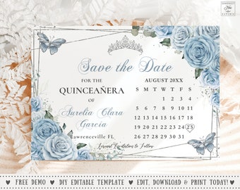 May include: A blue and white save the date card with a floral design and a calendar for August. The text reads "Save the Date" for the Quinceañera of Aurelia Clara Garcia. The date is August 20XX, and the location is Lawrenceville, FL.
