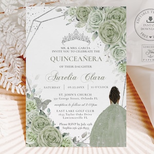 EDITABLE Template Sage Green Floral Silver Brown Princess Quinceañera Invitation Mis Quince 15 Sweet Sixteen Birthday Invite Printable, QC43