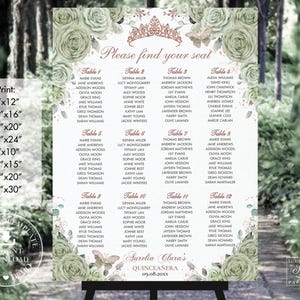 Sage Green Floral Rose Gold Quinceañera Seating Chart Printable EDITABLE TEMPLATE Quince 15 XV 18th Sweet 16 Birthday Instant Download QC43