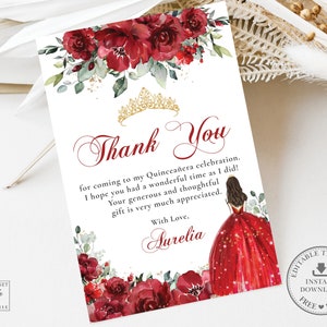 Red Floral Gold Crown Princess Quinceañera Thank You Card EDITABLE TEMPLATE, Mis Quince 15 XV 16th Birthday Instant Download Printable QC13