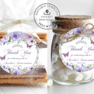 EDITABLE TEMPLATE 2&quot; Round Favor Label, Purple Lilac Floral Butterflies Quinceaneara 15th Birthday Sweet 16 Printable INSTANT Download QC3