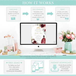 Pode incluir: Um ecr&atilde; de computador a mostrar um modelo de convite de Quincea&ntilde;era com um design floral vermelho e dourado. O texto no convite diz "Quincea&ntilde;era" e "Aurelia Clara". A imagem tamb&eacute;m mostra instru&ccedil;&otilde;es sobre como comprar, editar e imprimir o modelo.