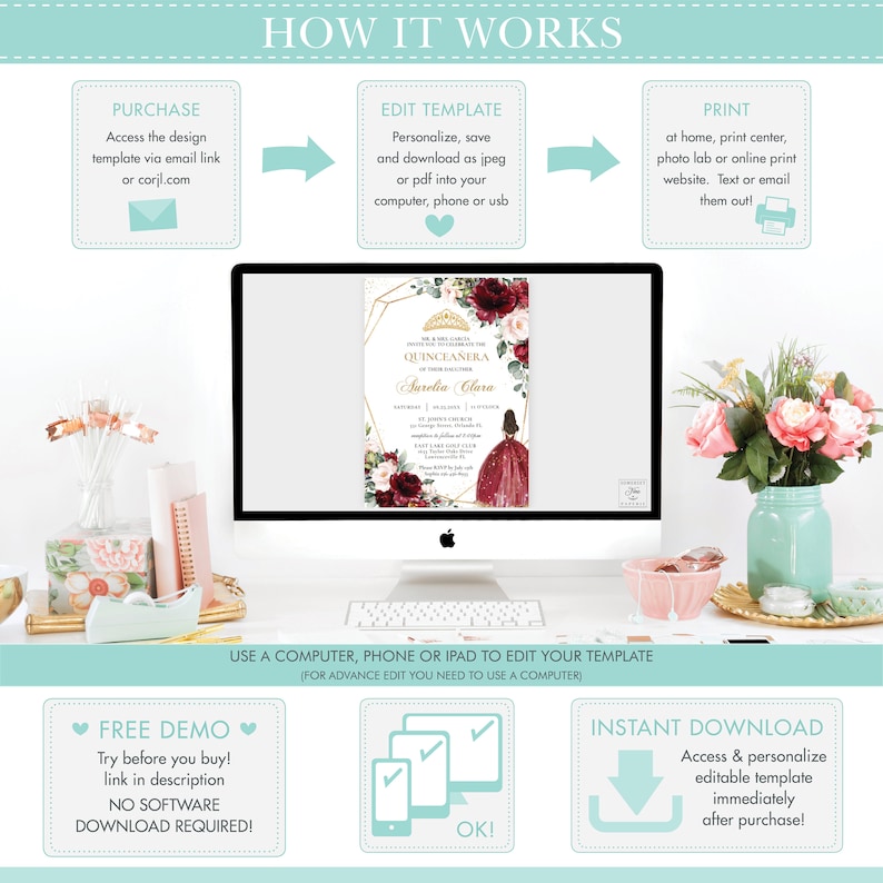 Pode incluir: Um ecr&atilde; de computador a mostrar um modelo de convite de Quincea&ntilde;era com um design floral vermelho e dourado. O texto no convite diz "Quincea&ntilde;era" e "Aurelia Clara". A imagem tamb&eacute;m mostra instru&ccedil;&otilde;es sobre como comprar, editar e imprimir o modelo.